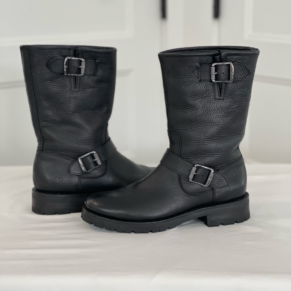 FRYE Women's Natalie Mid Lug Engineer Boot Size 8 BLACK LEATHER MOTO BIKER BOOTS